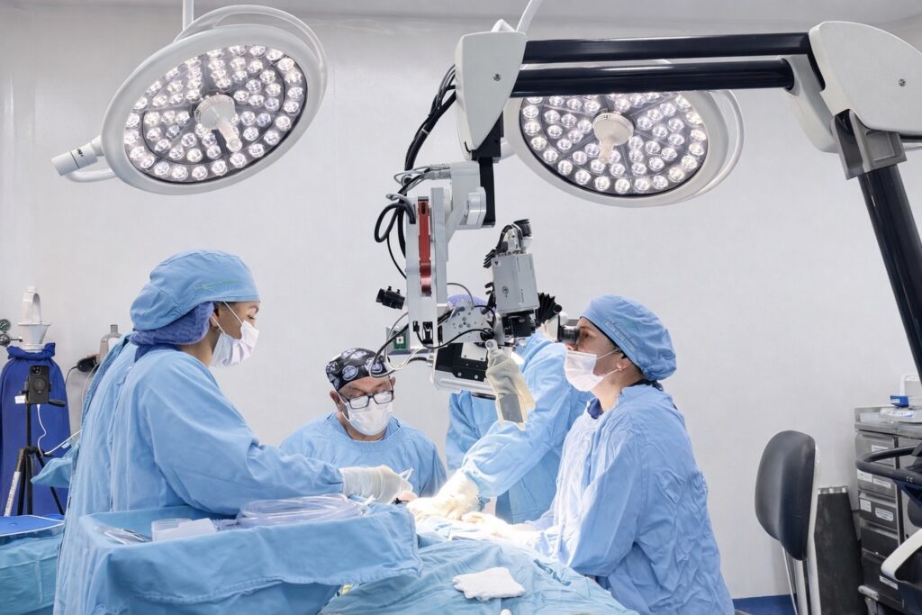 Equipo quirúrgico durante una cirugía ocular